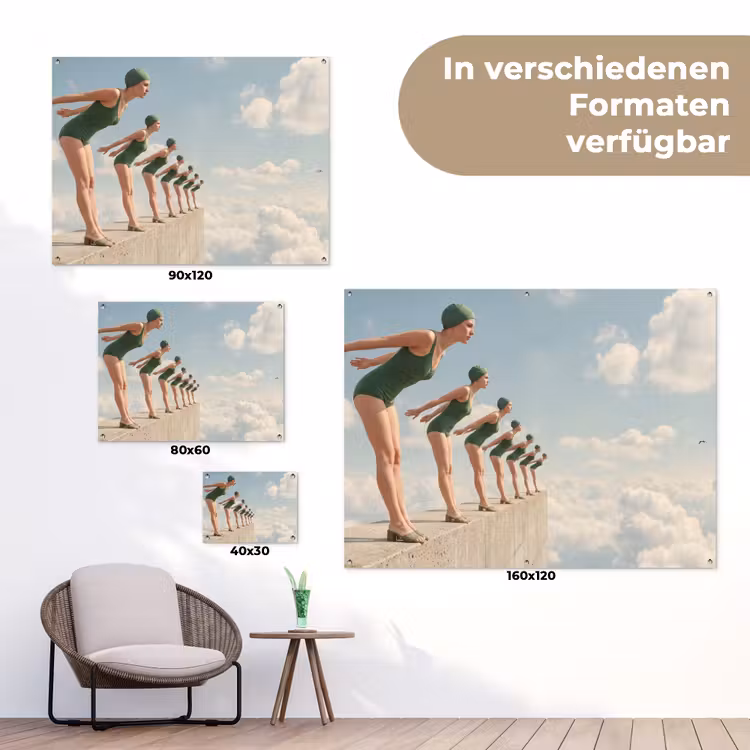 Gartenposter - Frauen – Tauchhaltung – Wolken - Vrouwen - Duikhouding - Wolken tuinposter los doek klein