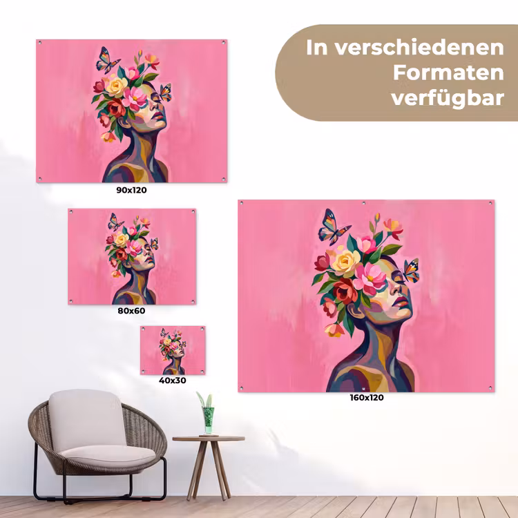Vrouwengezicht - Vlinders - Kleurrijk tuinposter los doek klein -Xsfeer9_DE