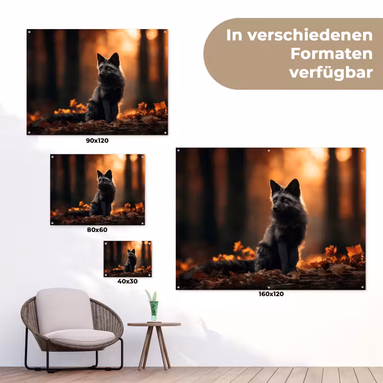Vos - Zwart - Bos - Herfstbladeren tuinposter los doek klein -Xsfeer9_DE