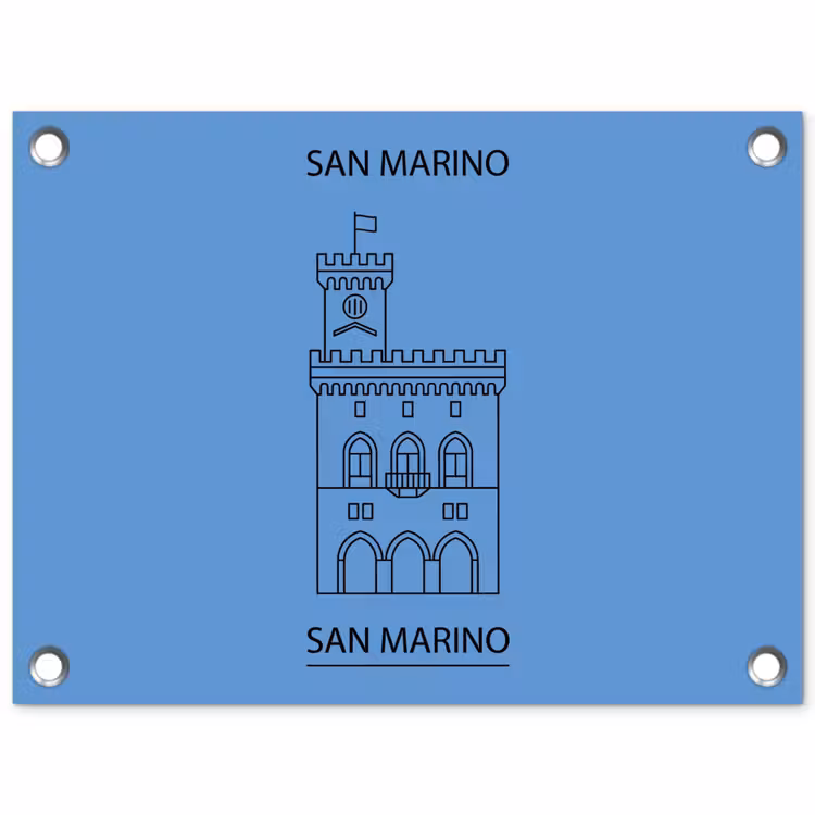 Gebouw - San Marino - Architectuur - Lijntekening - Blauw tuinposter los doek klein -3d