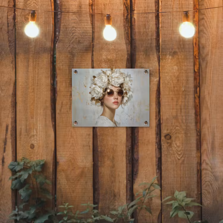 Schilderij - Vrouw - Zonnebril - Bloemenkrans tuinposter los doek klein -sfeer1