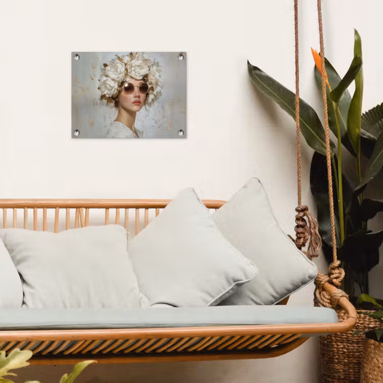 Schilderij - Vrouw - Zonnebril - Bloemenkrans tuinposter los doek klein -sfeer7