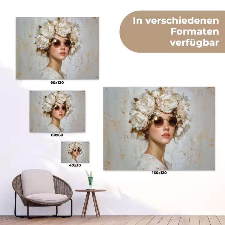 Schilderij - Vrouw - Zonnebril - Bloemenkrans tuinposter los doek klein -Xsfeer9_DE