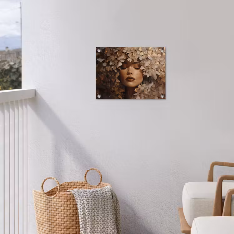 Gezicht - Vrouwe - Bladeren - Penseelstreken tuinposter los doek klein -sfeer8
