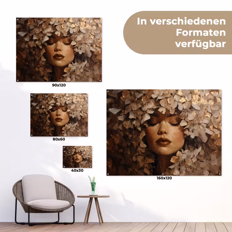 Gezicht - Vrouwe - Bladeren - Penseelstreken tuinposter los doek klein -Xsfeer9_DE
