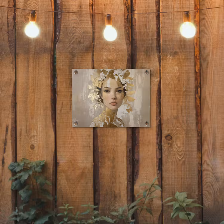 Gezicht - Vrouw - Bladeren - Goud tuinposter los doek klein -sfeer1