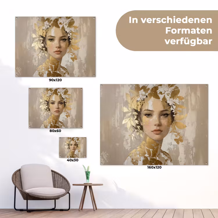 Gezicht - Vrouw - Bladeren - Goud tuinposter los doek klein -Xsfeer9_DE