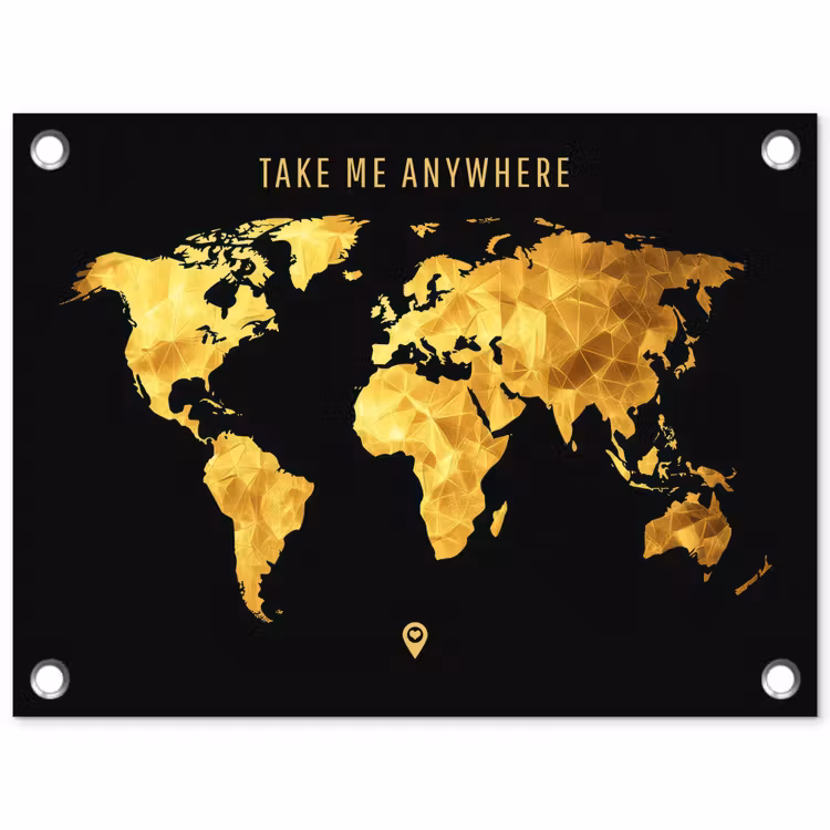 Goud - Wereldkaart - Quote tuinposter los doek klein -3d