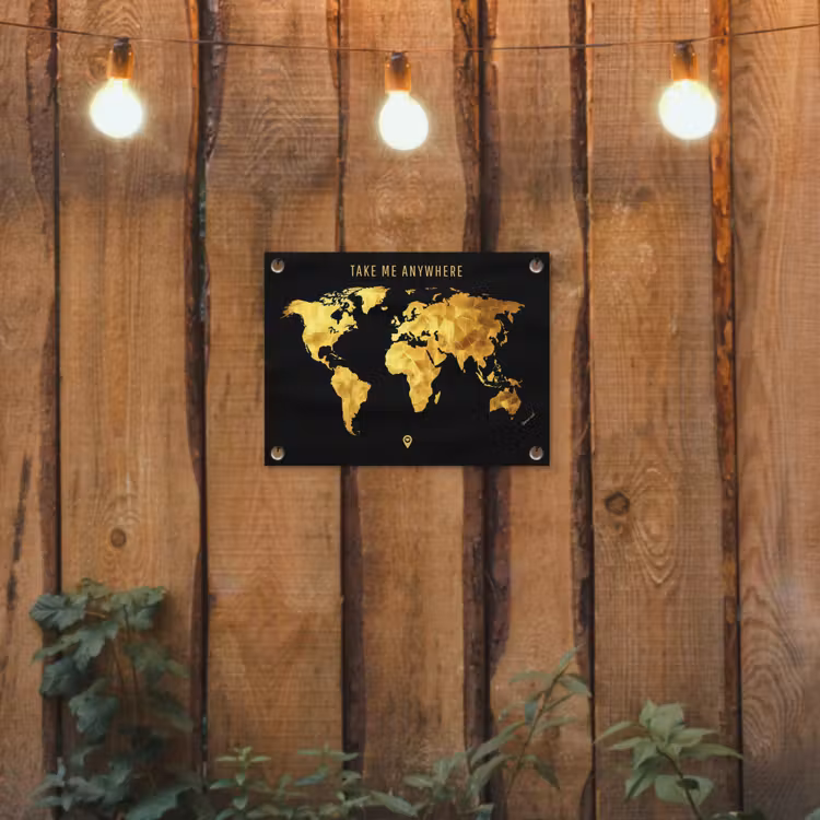Goud - Wereldkaart - Quote tuinposter los doek klein -sfeer1