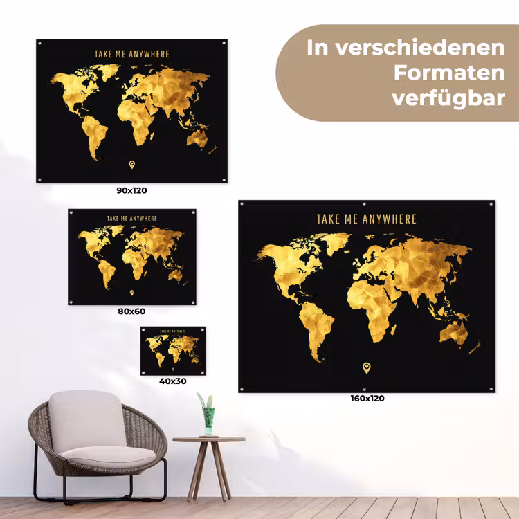 Goud - Wereldkaart - Quote tuinposter los doek klein -Xsfeer9_DE