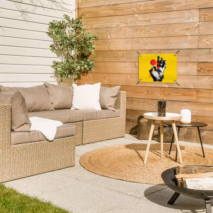 Hand - Rode cirkel - Geel tuinposter los doek klein -sfeer4