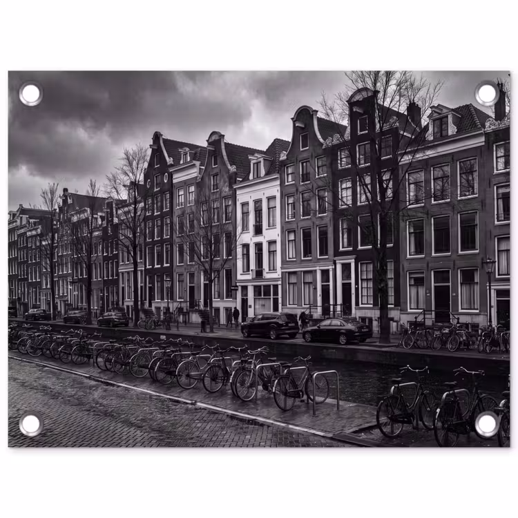 Huis - Gracht - Amsterdam - Architectuur - Zwart-wit tuinposter los doek klein -3d