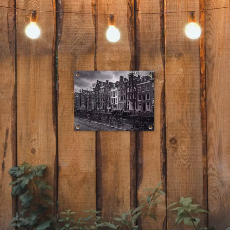 Huis - Gracht - Amsterdam - Architectuur - Zwart-wit tuinposter los doek klein -sfeer1