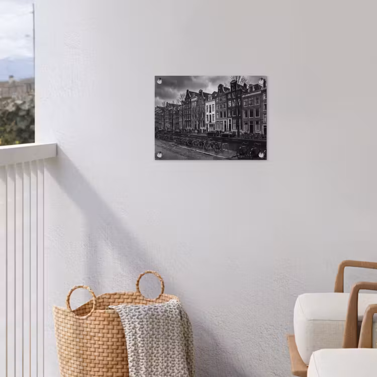Huis - Gracht - Amsterdam - Architectuur - Zwart-wit tuinposter los doek klein -sfeer8