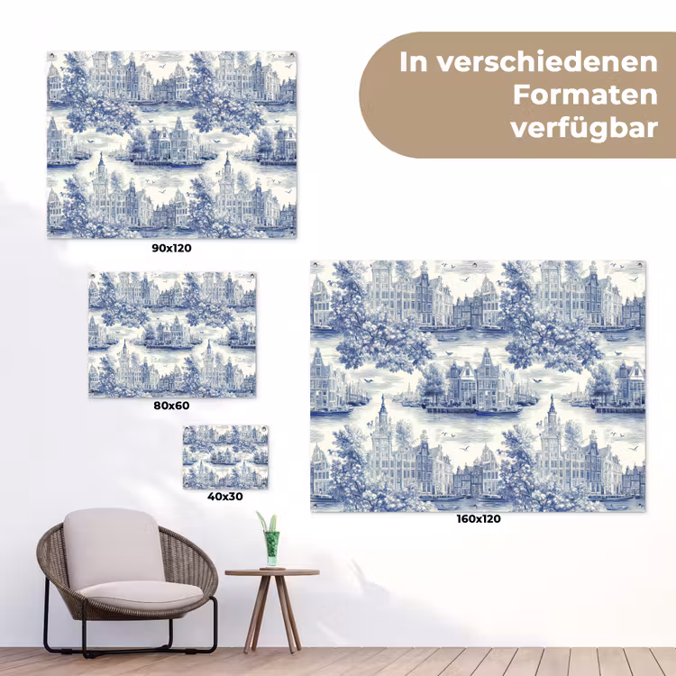 Huizen - Bomen - Water - Vogels - Blauw tuinposter los doek klein 239 -Xsfeer9_DE