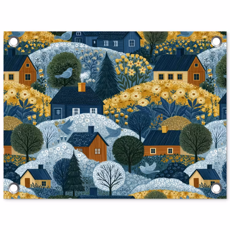 Huisjes - Bloemen - Patroon - Geel - Blauw tuinposter los doek klein 239 -3d