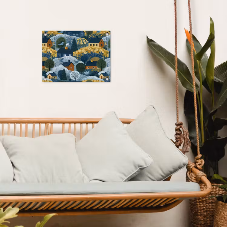 Huisjes - Bloemen - Patroon - Geel - Blauw tuinposter los doek klein 239 -sfeer7