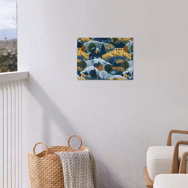 Huisjes - Bloemen - Patroon - Geel - Blauw tuinposter los doek klein 239 -sfeer8