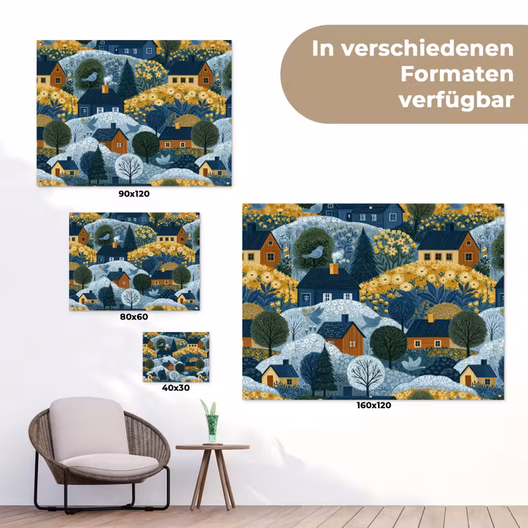 Huisjes - Bloemen - Patroon - Geel - Blauw tuinposter los doek klein 239 -Xsfeer9_DE