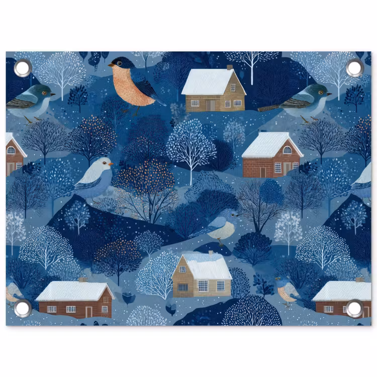 Huisjes - Vogels - Sneeuw - Winter - Blauw tuinposter los doek klein 239 -3d