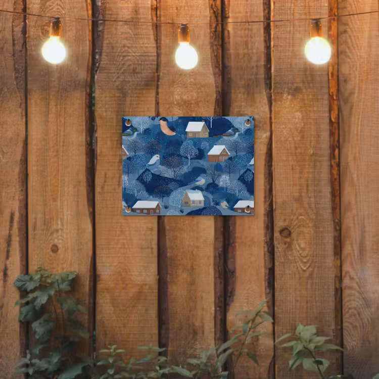 Huisjes - Vogels - Sneeuw - Winter - Blauw tuinposter los doek klein 239 -sfeer1