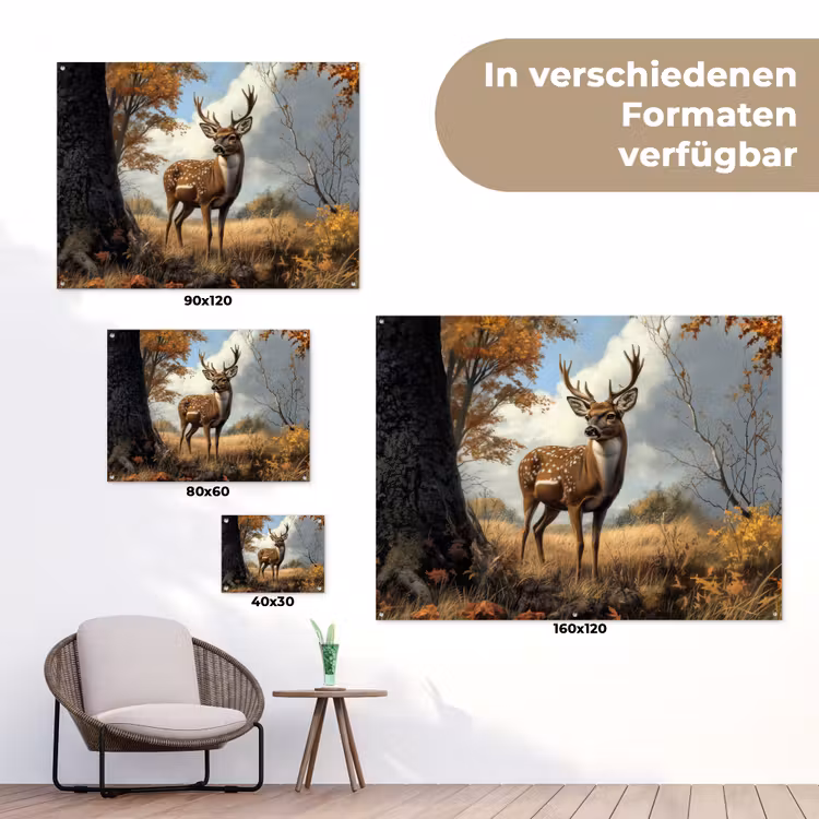Hert - Herfstkleuren - Boom - Gewei tuinposter los doek klein -Xsfeer9_DE