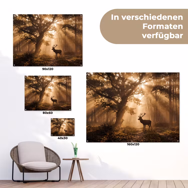 Hert - Bos - Mistig - Natuur - Goud tuinposter los doek klein -Xsfeer9_DE