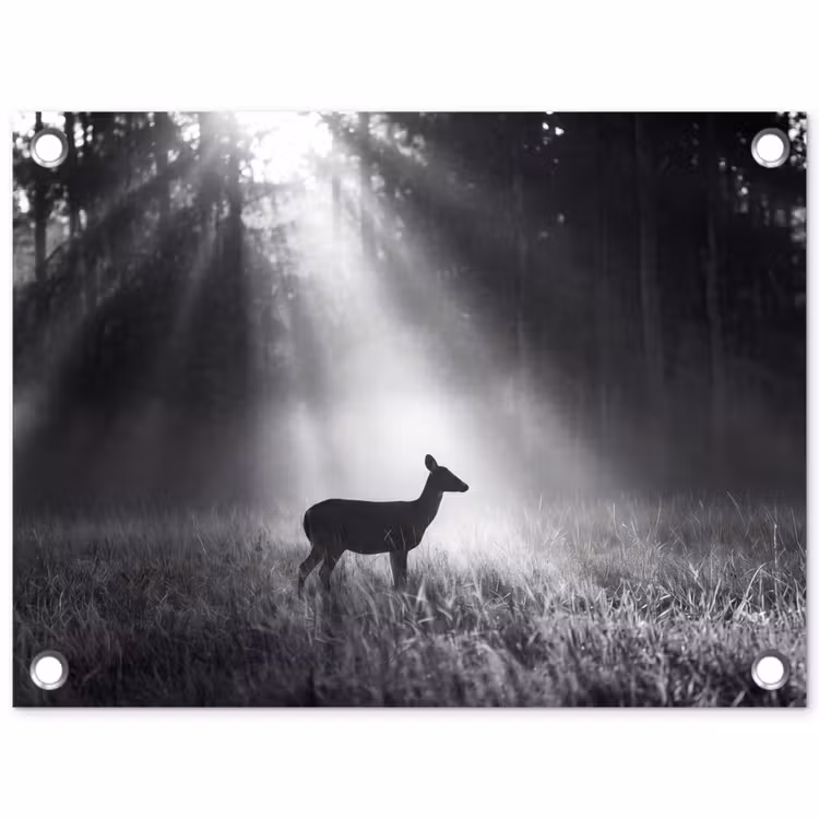 Hert - Bos - Zonnestralen - Zwart-wit - Natuur tuinposter los doek klein -3d