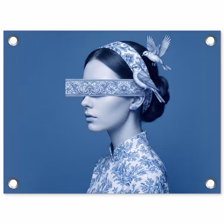 Portret - Klassiek - Wit - Blauw tuinposter los doek klein -3d