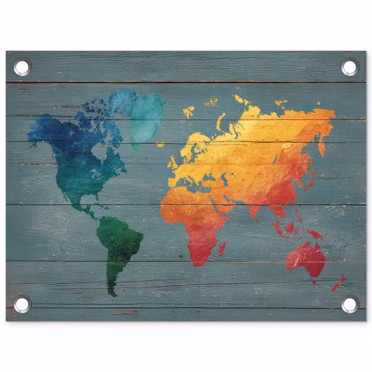 Hout - Planken - Regenboog - Wereldkaart tuinposter los doek klein -3d