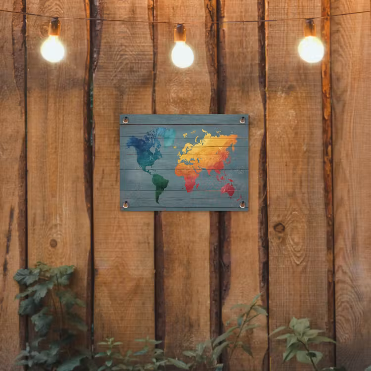 Hout - Planken - Regenboog - Wereldkaart tuinposter los doek klein -sfeer1