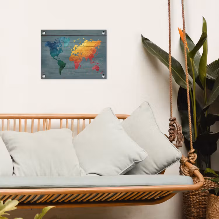 Hout - Planken - Regenboog - Wereldkaart tuinposter los doek klein -sfeer7