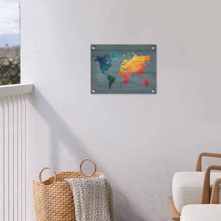 Hout - Planken - Regenboog - Wereldkaart tuinposter los doek klein -sfeer8