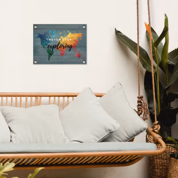 Hout - Wereldkaart - Regenboog - Exploring tuinposter los doek klein -sfeer7