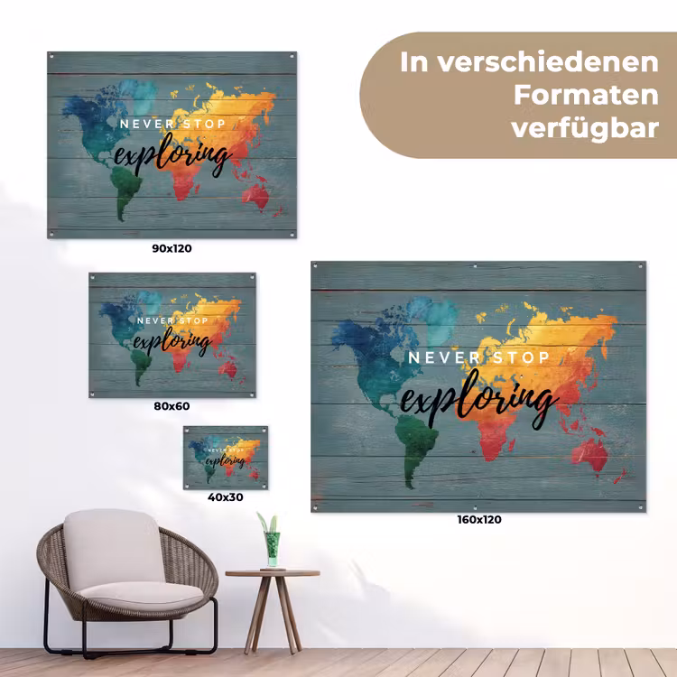 Hout - Wereldkaart - Regenboog - Exploring tuinposter los doek klein -Xsfeer9_DE