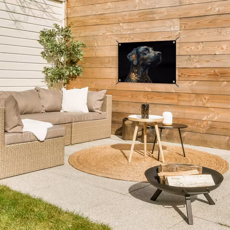Hond - Zwart - Bloemen tuinposter los doek klein -sfeer4