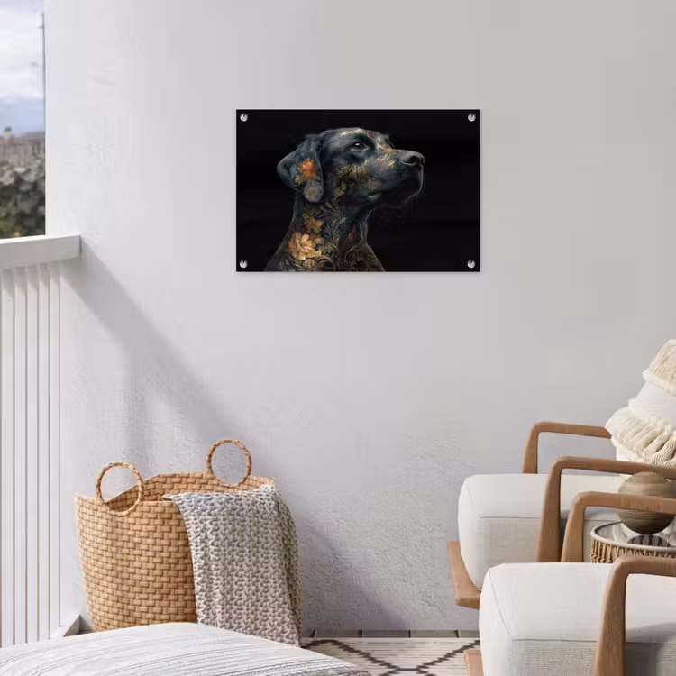 Hond - Zwart - Bloemen tuinposter los doek klein -sfeer8