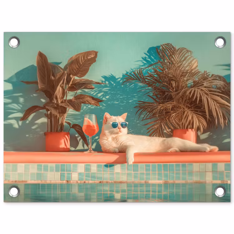 Kat - Zwembad - Zonnebril - Drankje tuinposter los doek klein -3d