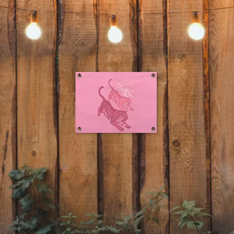 Kat - Springend - Dieren - Roze - Modern tuinposter los doek klein -sfeer1