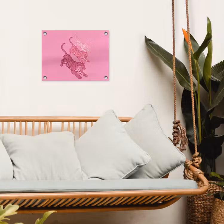 Kat - Springend - Dieren - Roze - Modern tuinposter los doek klein -sfeer7