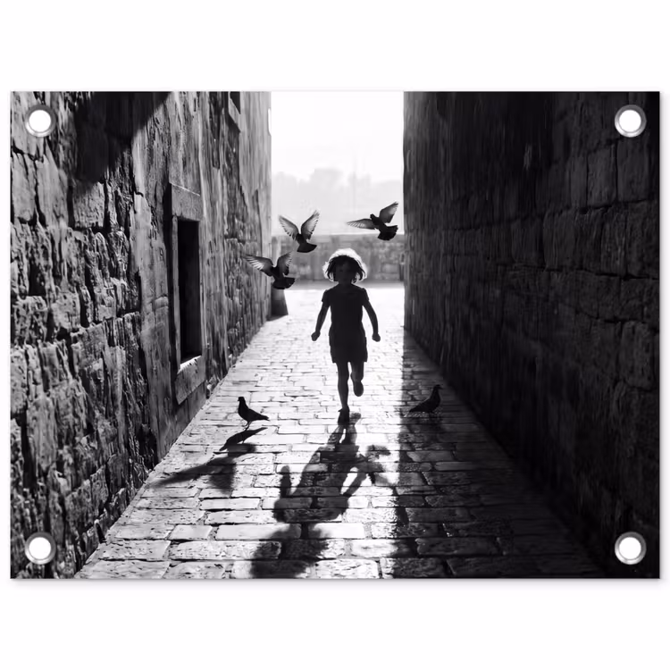 Kind - Vogel - Straat - Zwart-wit - Spelen tuinposter los doek klein -3d