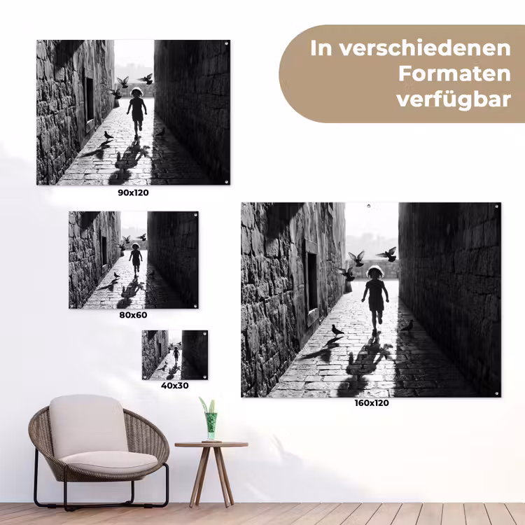 Kind - Vogel - Straat - Zwart-wit - Spelen tuinposter los doek klein -Xsfeer9_DE