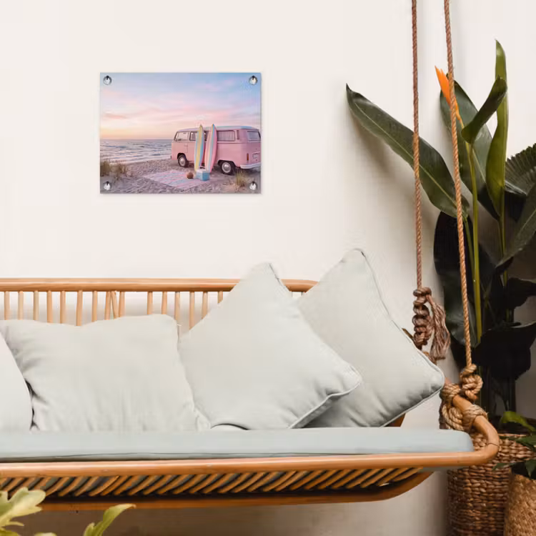 Busje - Strand - Surfplank - Zomer - Roze tuinposter los doek klein -sfeer7