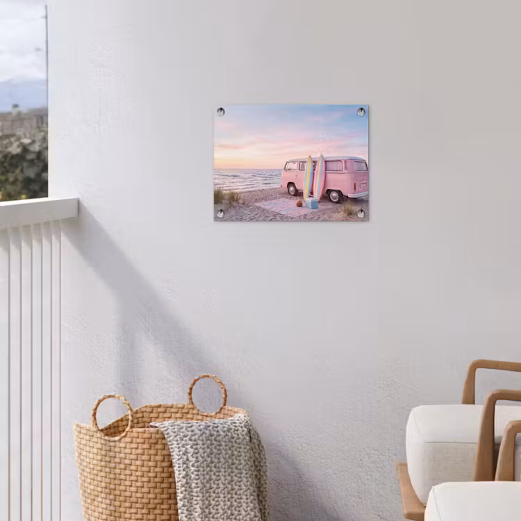 Busje - Strand - Surfplank - Zomer - Roze tuinposter los doek klein -sfeer8