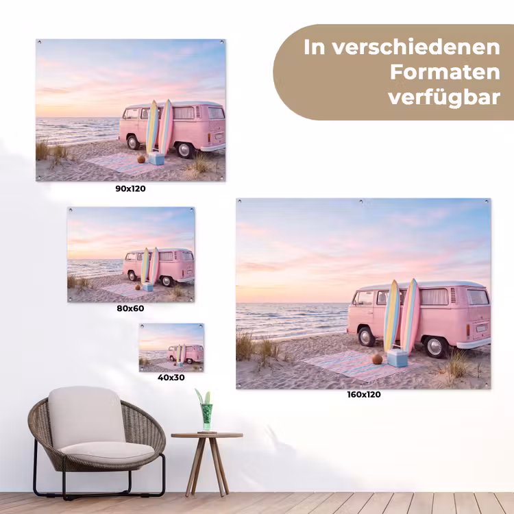 Busje - Strand - Surfplank - Zomer - Roze tuinposter los doek klein -Xsfeer9_DE