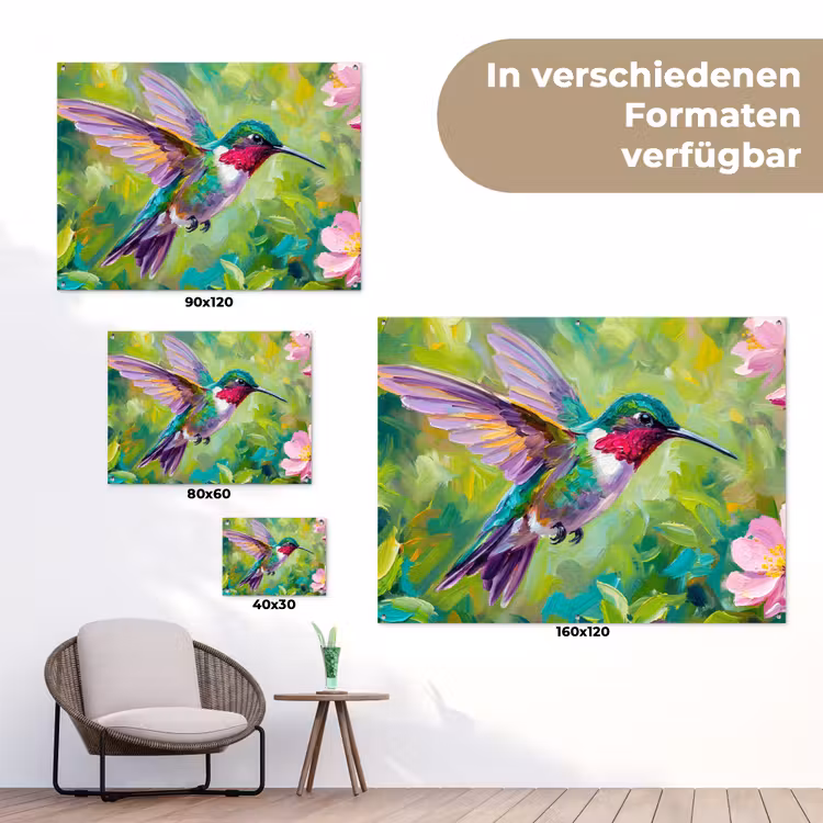 Kolibrie - Bloemen - Natuur - Kleurrijk tuinposter los doek klein -Xsfeer9_DE