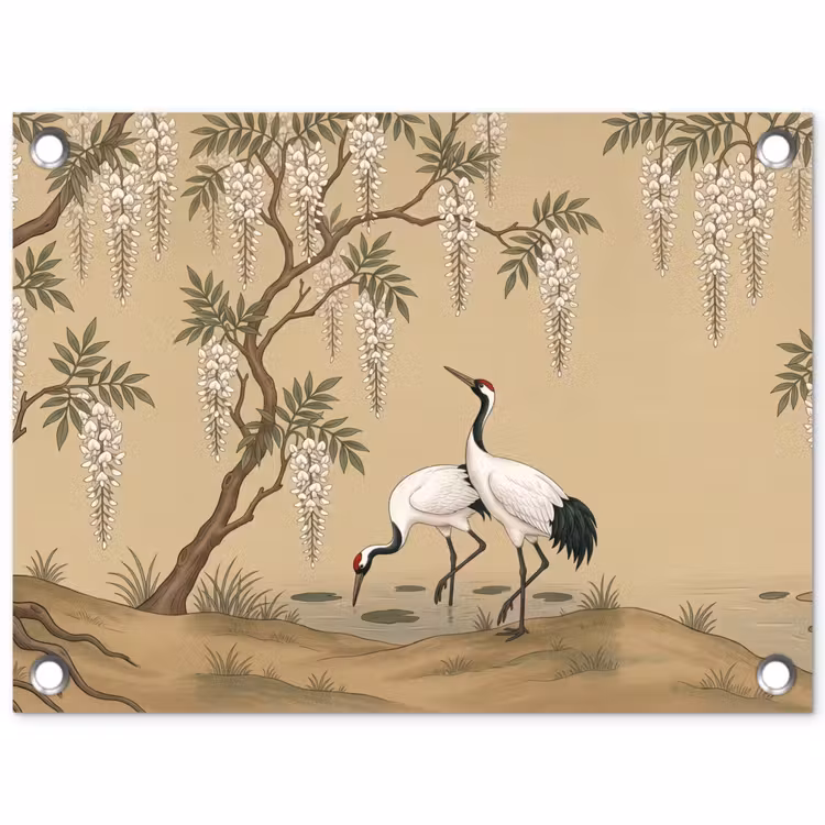 Kraanvogels - Water - Beige tuinposter los doek klein -3d