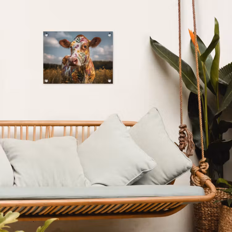 Koe - Bloemen - Weiland tuinposter los doek klein -sfeer7