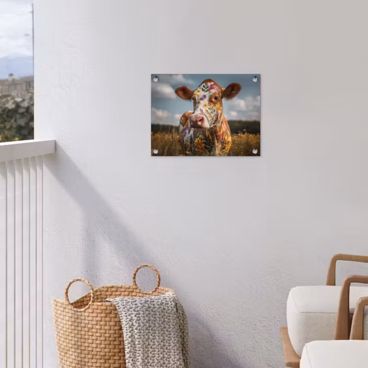 Koe - Bloemen - Weiland tuinposter los doek klein -sfeer8