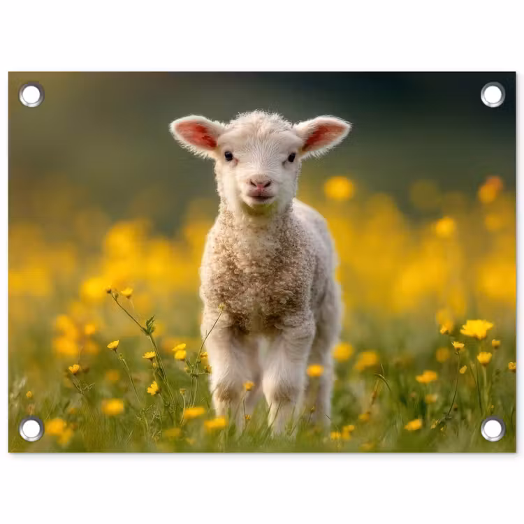 Lammetje - Gras - Bloemen - Geel tuinposter los doek klein -3d